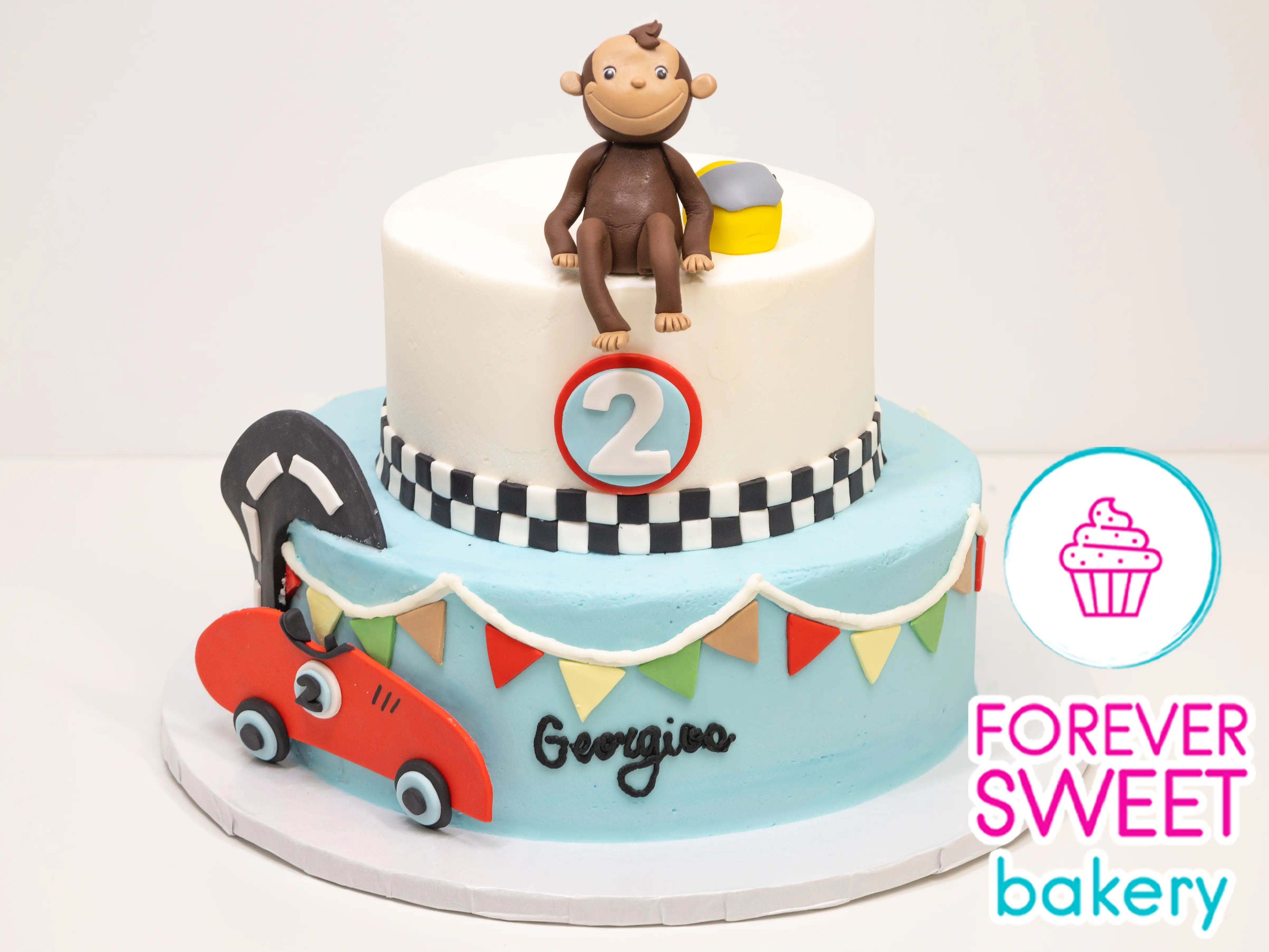 2 Tier Curious George Themed Cake with Race Car