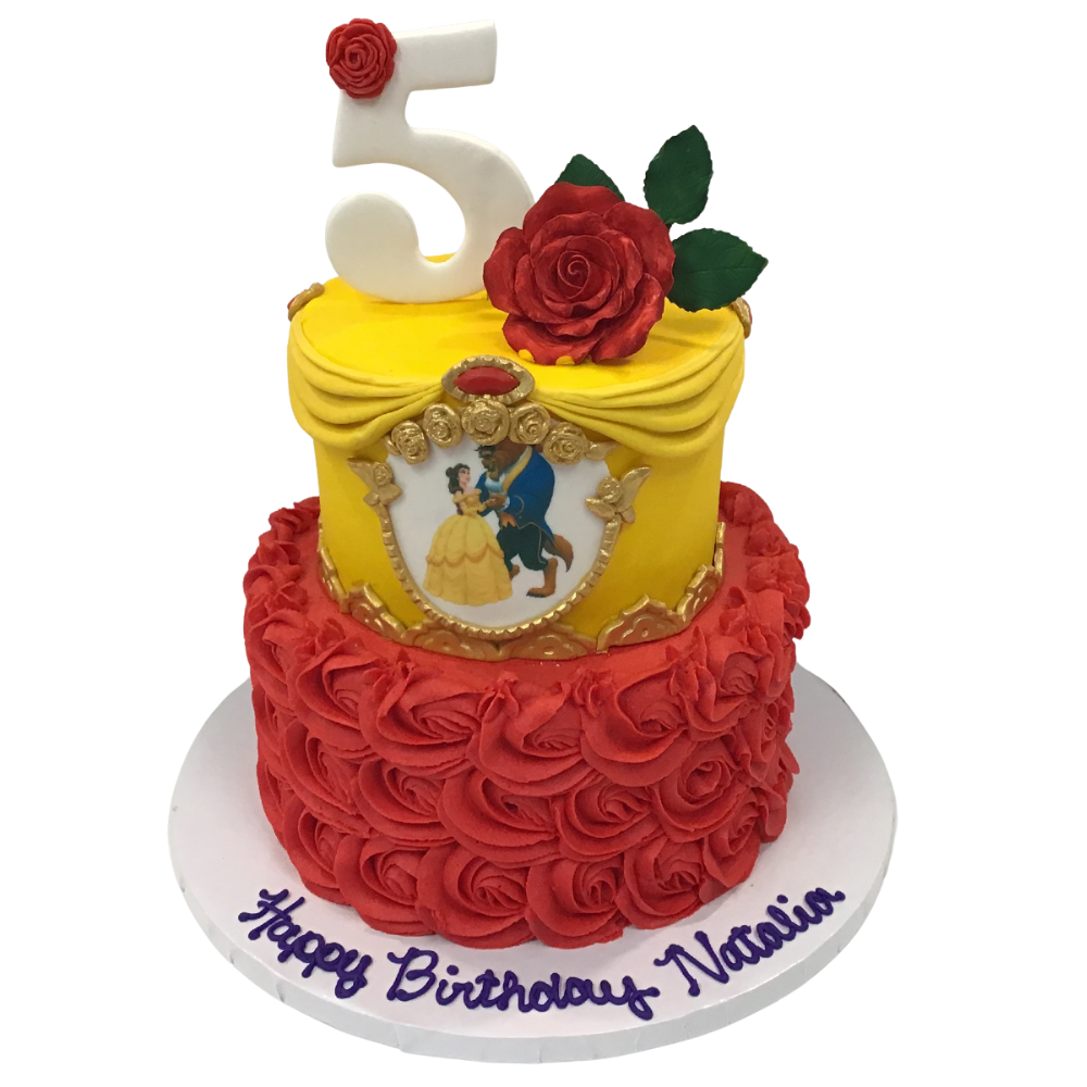 2 Tier Dancing Beauty & The Beast Rosette and Roses Cake