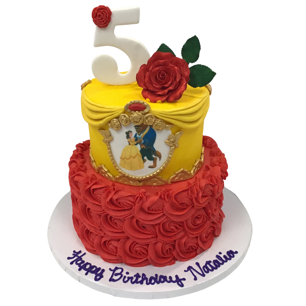 2 Tier Dancing Beauty & The Beast Rosette and Roses Cake