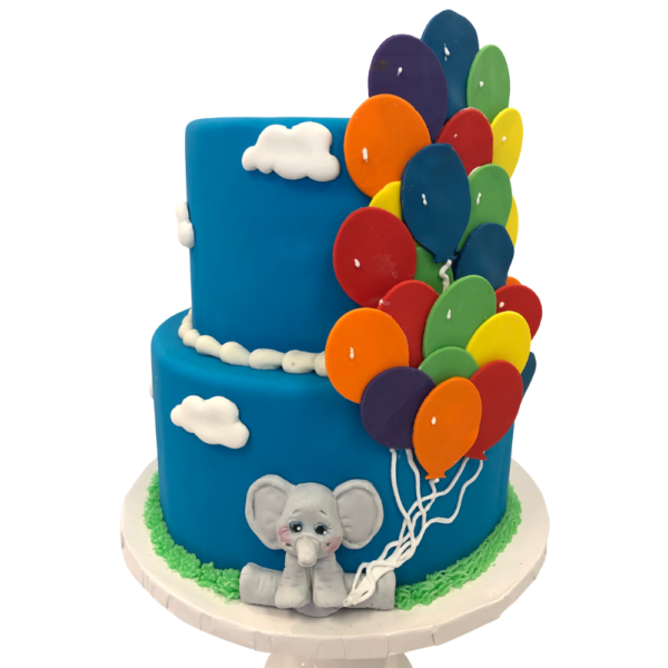 2 Tier Elephant with Balloons Fondant Covered Cake