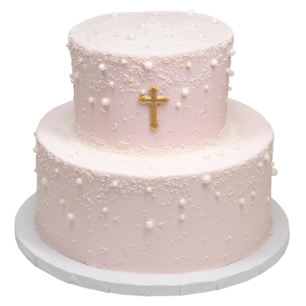 2 Tier Gold Cross with White Pearls Cake