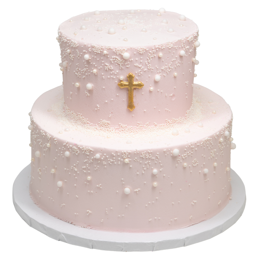 2 Tier Gold Cross with White Pearls Cake