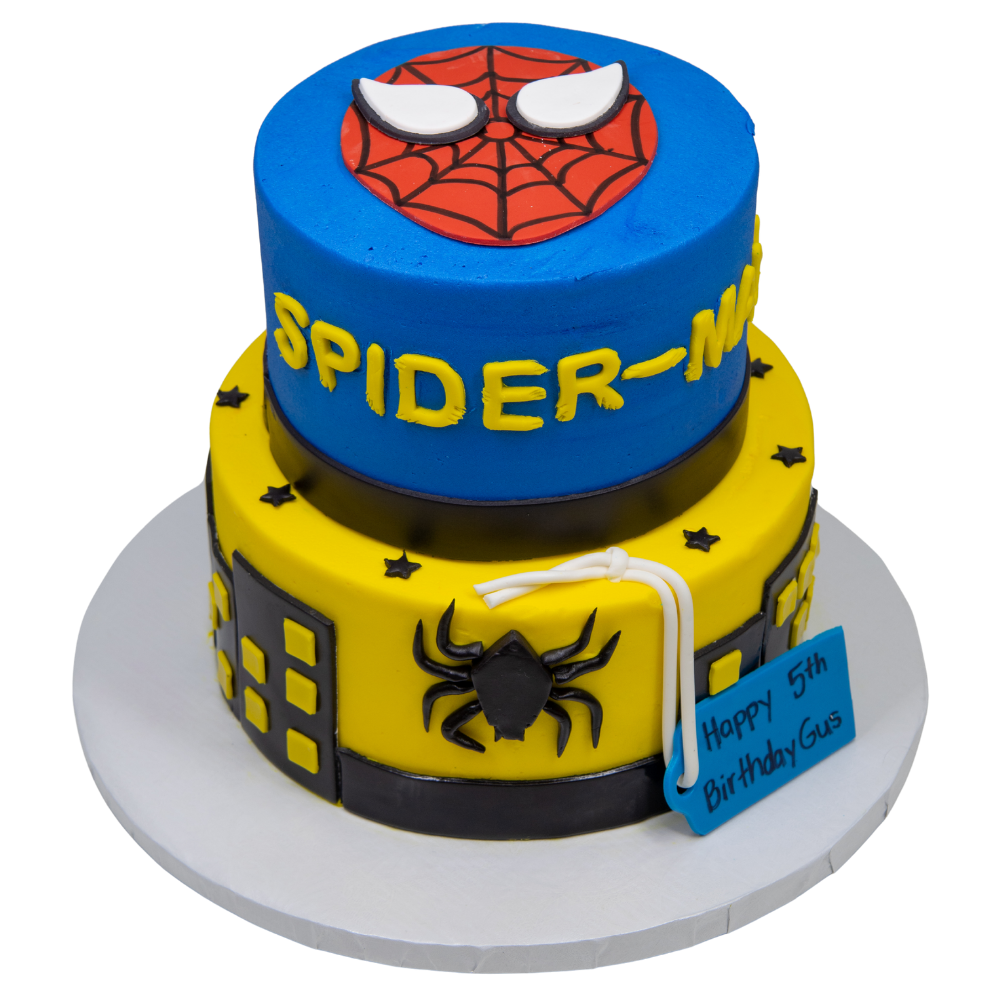 2 Tier Spiderman with Face, Buildings, & Spider Cake