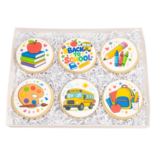 Open Back-to-School Cookie Gift Box with six sugar cookies featuring books, Back to School lettering, art supplies, a school bus, and a backpack