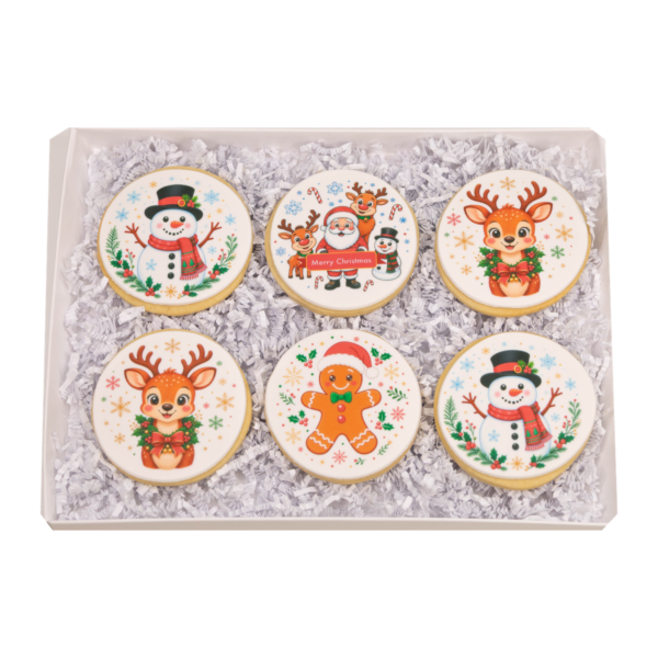 Complete open Christmas Cookie Gift Box – Option 1 with six sugar cookies on a transparent background