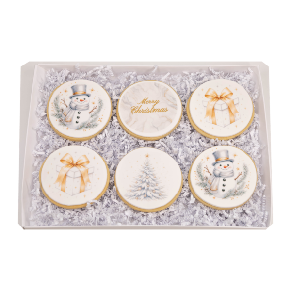 Complete open Christmas Cookie Gift Box – Option 2 with six sugar cookies on a transparent background