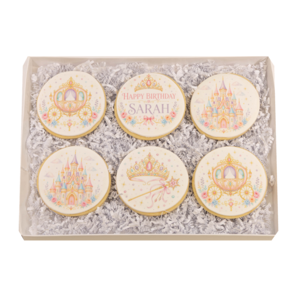 Complete open Girl Birthday Cookie Gift Box – Option 1 with six sugar cookies on a transparent background