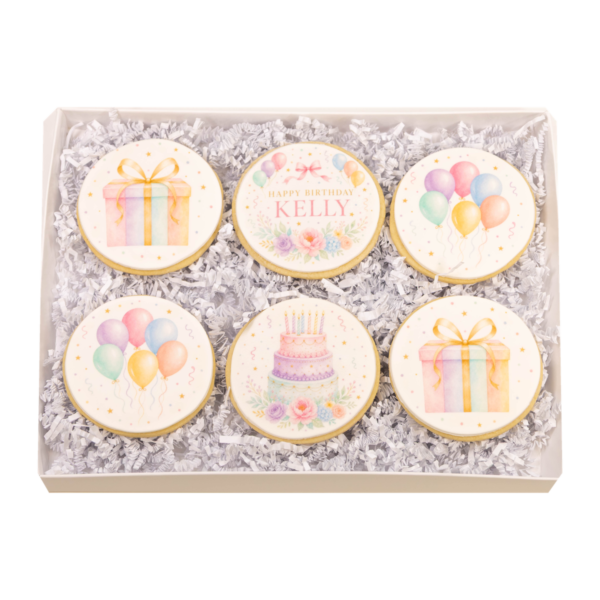 Complete open Girl Birthday Cookie Gift Box – Option 2 with six sugar cookies on a transparent background