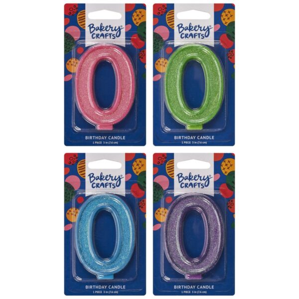 Glitter Color Number Candle 0 - Pink, Green, Blue, and Purple