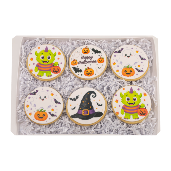 Complete open Halloween Cookie Gift Box with six sugar cookies on a transparent background