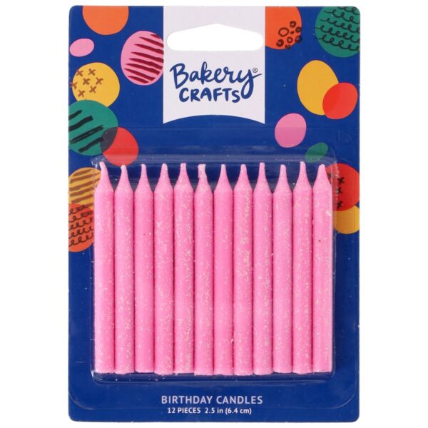 Pink glitter birthday candles, 12 count