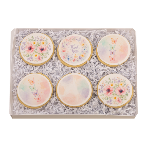 Complete open Thank You Cookie Gift Box with six sugar cookies on a transparent background
