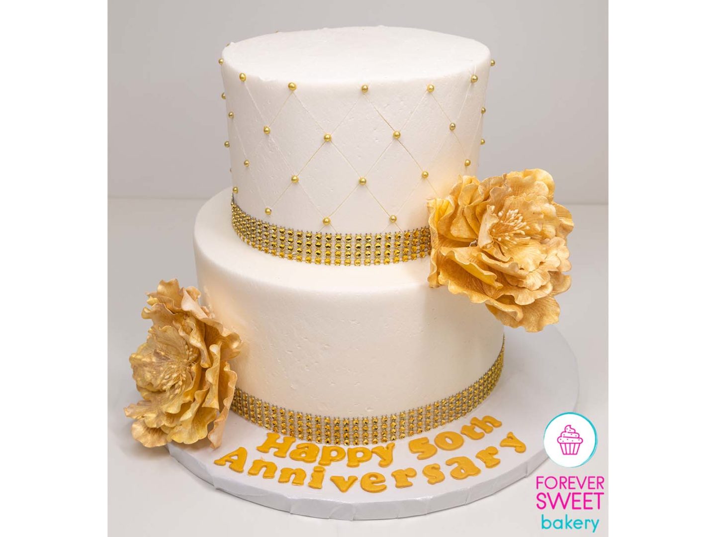 2 Tier Golden Flower Anniversary Cake