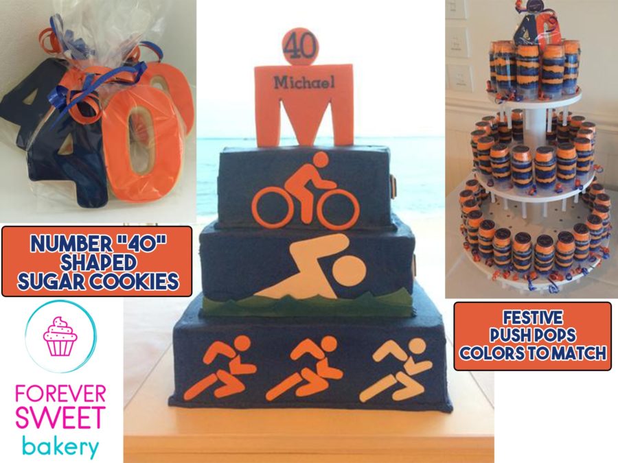 Triathlon Themed Birthday Cake with Cookies and Push Pops